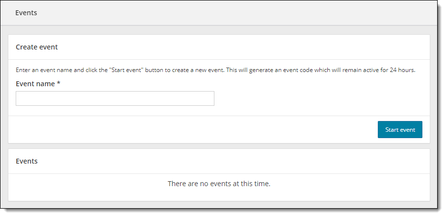 Events dashboard with no events created.